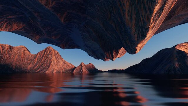 3d animation, moving forward the fantastic seascape scenery during a boat trip. Spiritual landscape panorama with mountains reflecting in the water. Abstract nature background