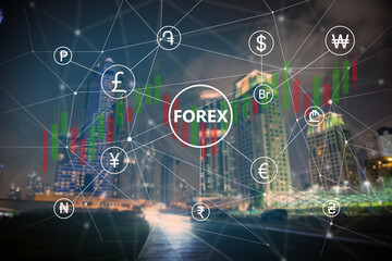 Forex and currencies icons on virtual screen