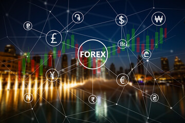 Forex and currencies icons on virtual screen