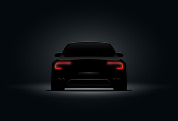 Obraz na płótnie Canvas Back car light brake red vector design in black background. 3d car realistic dark design night illustration.
