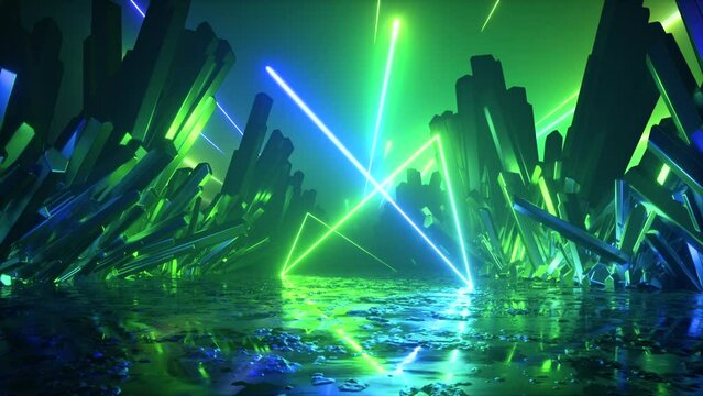 cycled 3d animation, abstract blue green neon background, meteor shower above the extraterrestrial landscape scene, flight forward under the falling stars or laser rays, virtual reality space
