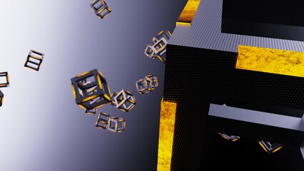 Orange illuminated black cubes with dots under black-white background. Block chain network technology concept illustration. 3D illustration. 3D CG. 3D high quality rendering. 