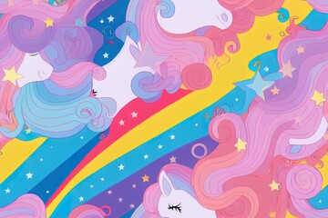 2d illustration seamless childish pattern with princess, unicorns, stars, rainbow and other elements. Fairy hugging unicorn 2d illustration illustration. Seamless pattern with cartoon princess for