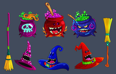 Witch pots, magic hats and brooms. Vector illustration set for halloween.