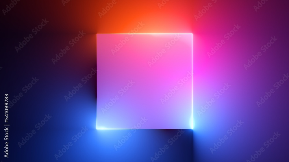 Wall mural 3d render, abstract colorful neon background with square frame. simple geometric shape, blank banner