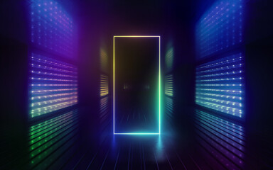 3d render, abstract background with neon rectangular frame glowing in ultraviolet light, night club empty room interior, fashion podium with tunnel or corridor, performance stage decorations