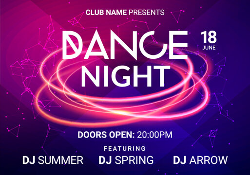 Dance music night poster background. Night club music concert DJ flyer vector design glow abstract banner event show techno electro house
