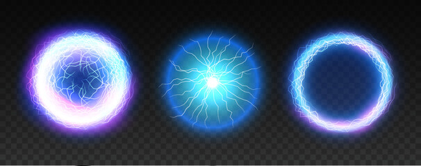 Electric lightning ball energy magic effect burst sphere. Vector power lightning energy magic glow circle