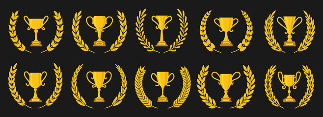 Golden goblet with laurel wreath flat set. Champion gold prize heraldic emblem. Different shape winner trophy icon. Victory leaderships cups. Cup yellow signs. Best choice symbol. Championship award