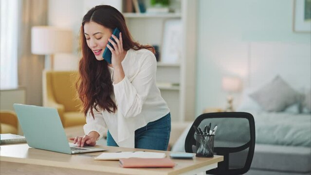 Phone call, receptionist or business woman on laptop running to answer call for appointment, agenda or meeting calendar date. Employee, smartphone or worker with customer service, consulting or CRM
