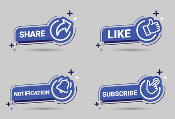 Share, Like, Notification, and Subscribe Buttons. Blue Set Vector Signs for Social Midia On White Background