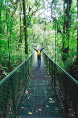 Unrecognizable person walking down a bridge in the middle of a tropical forest spreading his hands wide open.