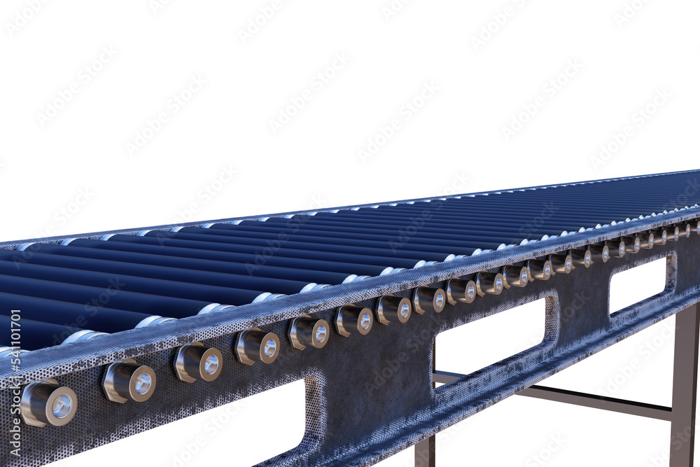 Poster old conveyor isolated on white. empty warehouse conveyor. fragment of conveyor with traces of use. a