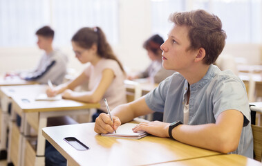 Portrait of diligent teenager schoolboy sitting in class working with classmates