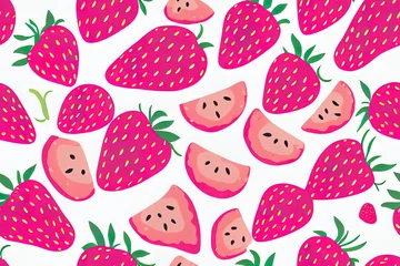 Foto op Canvas Seamless pattern with kawaii fruits. Cheerful design for kids clothes with cute strawberry characters and sliced strawberry on pink background © 2ragon