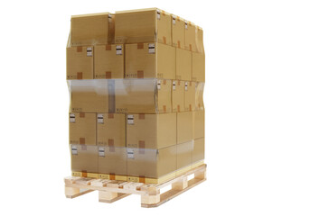 Pallet with boxes. Parcels are located on each other. Pallet with boxes ready for transport. Boxes were wrapped in transparent foil. Parcels for delivery isolated on white. 3d rendering.
