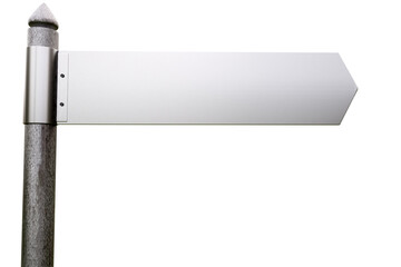 Obraz premium Street road sign. Steel signboard. Anti-vandal street sign isolated on white. Signboard without inscriptions. Copy Space on metal plate. Signboard indicates direction. Realistic style. 3d rendering.