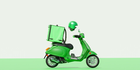 3D Online food order and food delivery service.carrier on freight scooter and delivery bag,Green and white color background.Food delivery Green moto scooter driver with Green backpack and delivery box