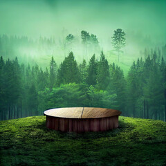 Wooden round podium on the grass illustration, forest on the background scenery of empty product pedestal in natural environment, green trees around, soft day light, Generative AI