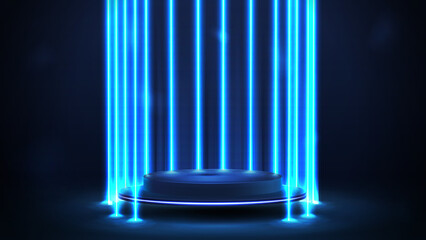 Empty blue podium floating in the air in dark scene with line vertical blue neon lamps around