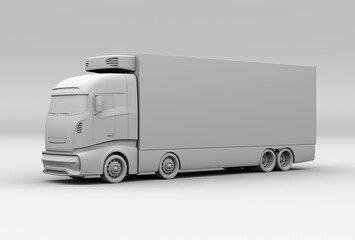 Clay rendering of heavy truck with reefer container. Cold chain concept. 3D rendering image.