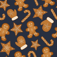 Watercolor Gingerbread Cookies Seamless Pattern. Cute pattern of gingerbread man, stars, flowers and hearts will look great on textiles, print materials for bakeries, Christmas cards, wrapping paper