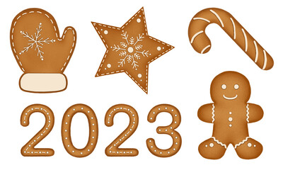 Set of christmas homemade gingerbread cookies on the white background