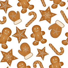 Fototapeta na wymiar Watercolor Gingerbread Cookies Seamless Pattern. Cute pattern of gingerbread man, stars, flowers and hearts will look great on textiles, print materials for bakeries, Christmas cards, wrapping paper