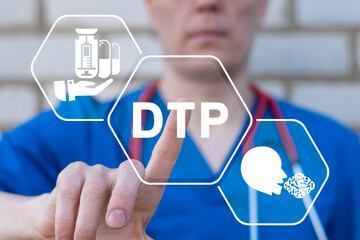 Medical concept of DTP Diphtheria Tetanus Pertussis. Doctor using virtual touchscreen presses...