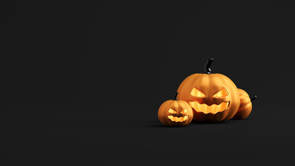 3D rendering of Jack-o-Lantern pumpkins, 3d illustration of pumpkin head lantern with light on black background with free space for text, traditional october holiday, illustration for website design