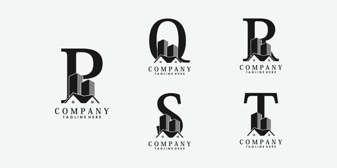 set of letter font pqrst logo design vector with real estate and building icon