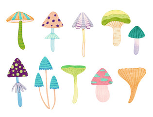 Cute watercolor abstract mushroom elements. Doodle clip art for fabric, wrapping, textile, wallpaper, apparel