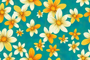 Obraz premium Trendy seamless 2d illustration floral pattern. Endless print made of small white and orange flowers. Summer and spring motifs. Bright yellow background. Stock 2d illustration illustration.