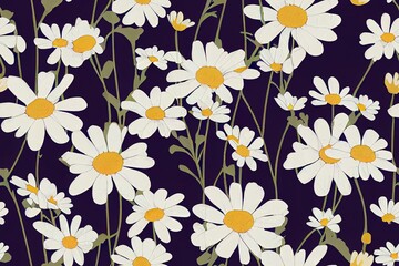 Seamless meadow flowers pattern. Small daisy silhouettes forming Paisley shapes. Minimalist floral print made of tiny wildflowers and roses. Nature spring motif.