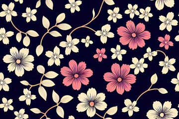 cute all over seamless floral 2d illustration multi color flowers pattern on navy background