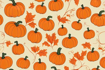 Beautiful pumpkin halloween thanksgiving seamless pattern, cute cartoon pumpkins hand drawn background, great for seasonal textile prints, holiday banners, backdrops or wallpapers 2d illustration