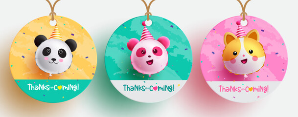 Birthday tags vector set design. Thanks for coming text in souvenirs lay out tag for thank you card collection. Vector Illustration.