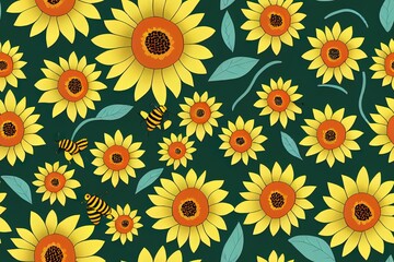 Fototapeta na wymiar Seamless pattern with gnomes, bees and sunflowers. Cute baby print. Seamless pattern with gnomes.
