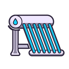 Industrial solar water heater color icon. Solar collector tubes and water tank. Eco water heating system. Isolated vector illustration