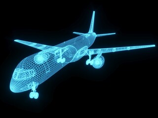 Fototapeta na wymiar 3D rendering illustration aeroplane blueprint glowing neon hologram futuristic show technology security for premium product business finance 