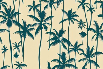 Retro seamless tropical island pattern on light beige ocean background. Landscape with palm trees,beach and ocean 2d illustration hand drawn style.Design for fashion,fabric,web,wallaper,wrapping and