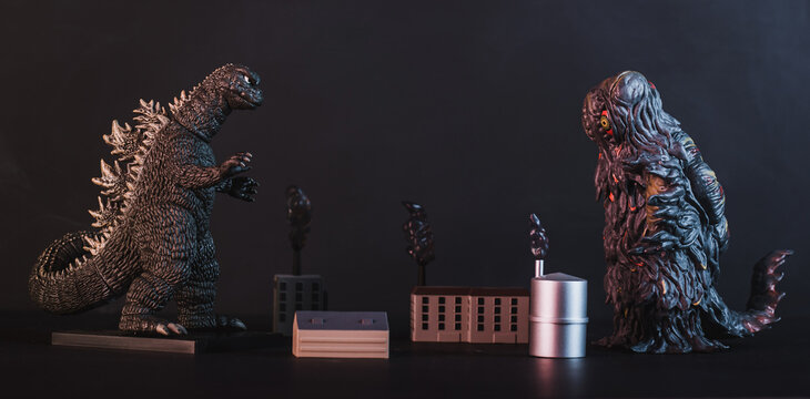 October 23, 2022, Everett, Washington, USA: Mezco Toyz 5 Points Hedorah vs. Godzilla Boxed Figure Set replicating scene from 1971 Kaiju monster film. 