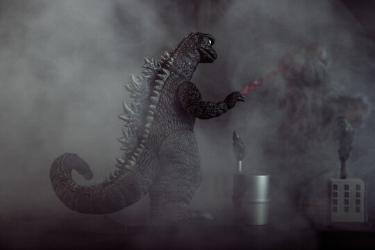October 23, 2022, Everett, Washington, USA: Mezco Toyz 5 Points Hedorah vs. Godzilla Boxed Figure Set replicating scene from 1971 Kaiju monster film. 