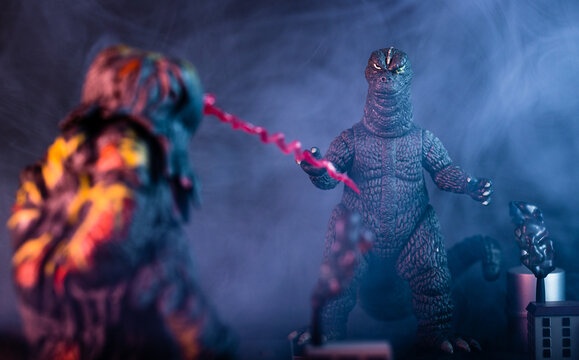 October 23, 2022, Everett, Washington, USA: Mezco Toyz 5 Points Hedorah vs. Godzilla Boxed Figure Set replicating scene from 1971 Kaiju monster film. 