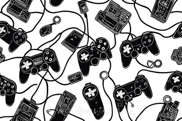 Video game hand drawn doodle seamless pattern. Video gamer console, joystick, controller element. Computer retro, arcade play background, wallpaper, pattern. 2d illustration illustration. © The 2R Artificiality