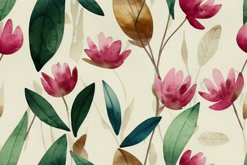 Colorful seamless floral pattern with abstract flowers, leaves and berries. Watercolor print in rustic vintage style, textile or wallpapers in provence style isolated on ivory background.