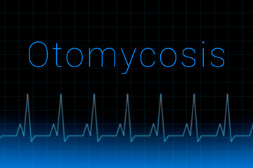 Otomycosis disease. Otomycosis logo on a dark background. Heartbeat line as a symbol of human disease. Concept Medication for disease Otomycosis.