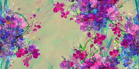 The illustration shows blooming flowers in a field. The colors are vibrant, and the petals are delicate and beautiful. The bees are buzzing around, collecting nectar from the flowers. The scene is pea - obrazy, fototapety, plakaty