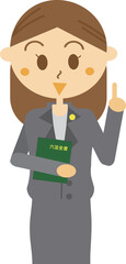 Fototapeta premium 弁護士バッチを付けて指さしポーズをしている女性のイラスト・笑顔・スーツ・才色兼備・職場・六法全書