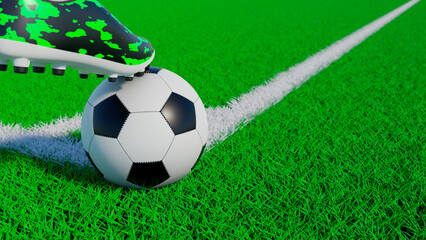 3d rendering of soccer ball on the edge of a soccer field lawn being stopped by a soccer boot.